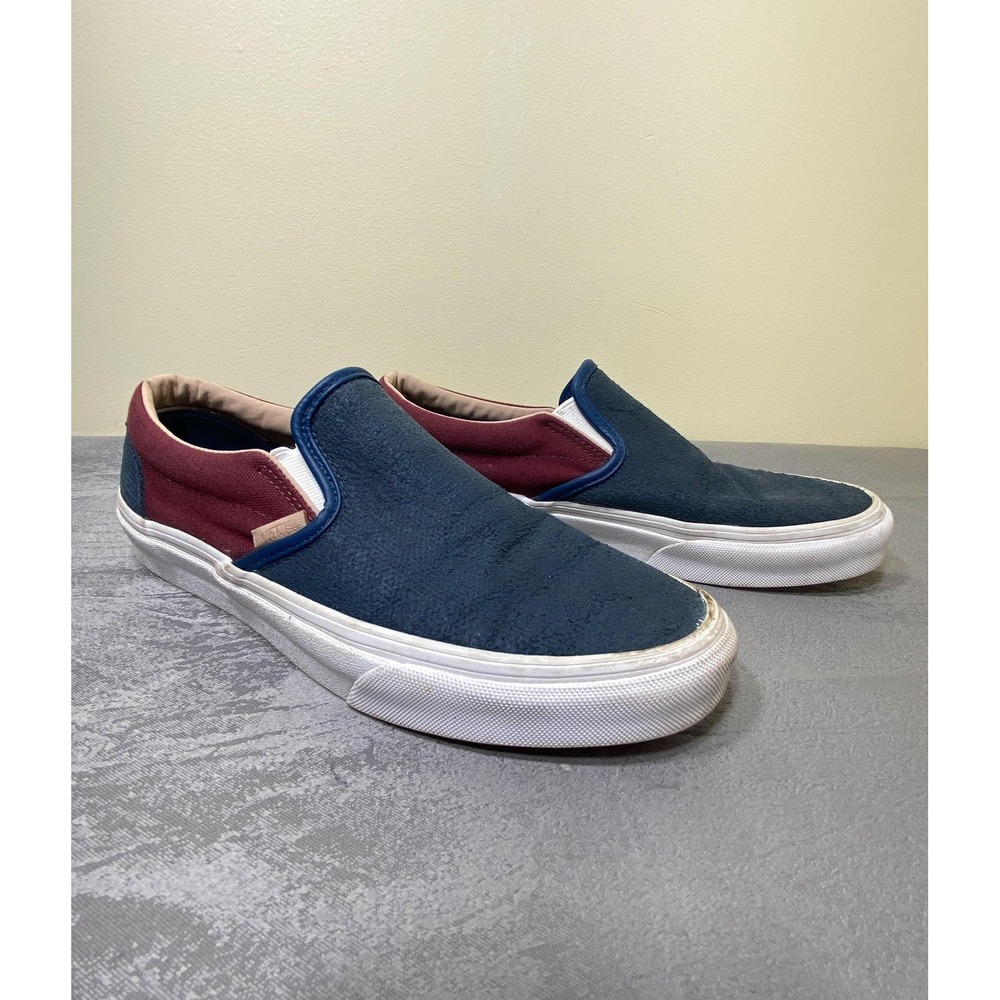 Vans Classic Slip-On Mens 7.5 Blue Burgundy Colorblock Suede Canvas Shoes